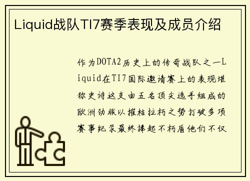 Liquid战队TI7赛季表现及成员介绍