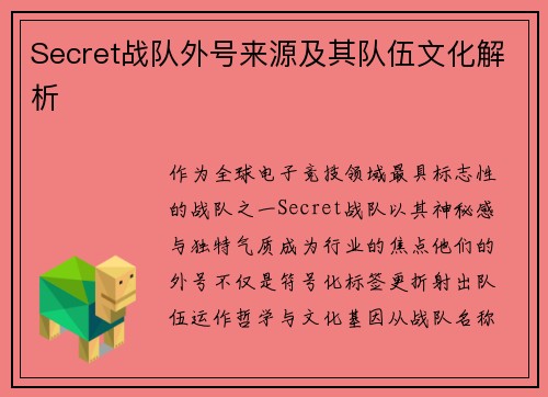 Secret战队外号来源及其队伍文化解析